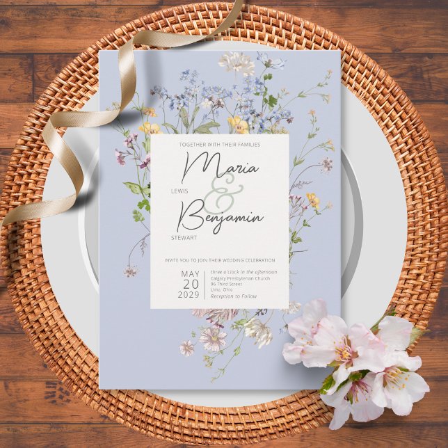 Delicate Boho Wildflowers Periwinkle Wedding Invitation (Creator Uploaded)