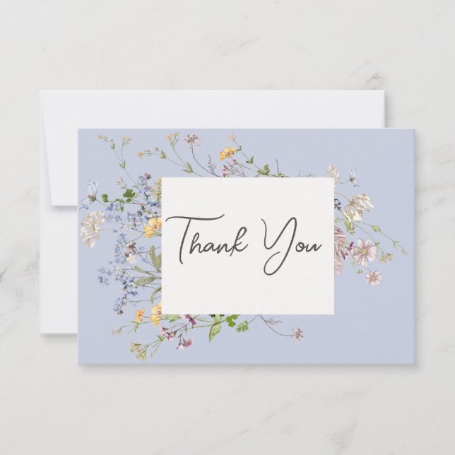 Delicate Boho Wildflowers Periwinkle Wedding Thank You Card (Front)
