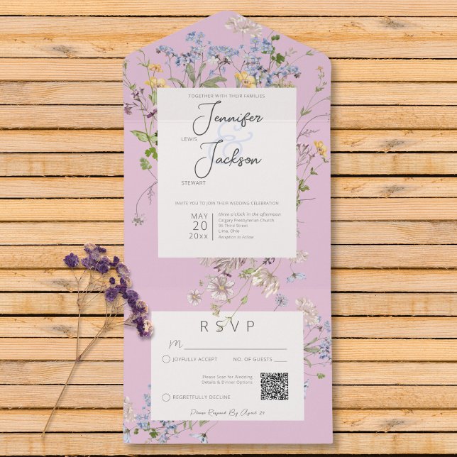 Delicate Boho Wildflowers Pink QR Code All In One Invitation (Delicate Boho Wildflowers Pink QR Code All In One Invitation)
