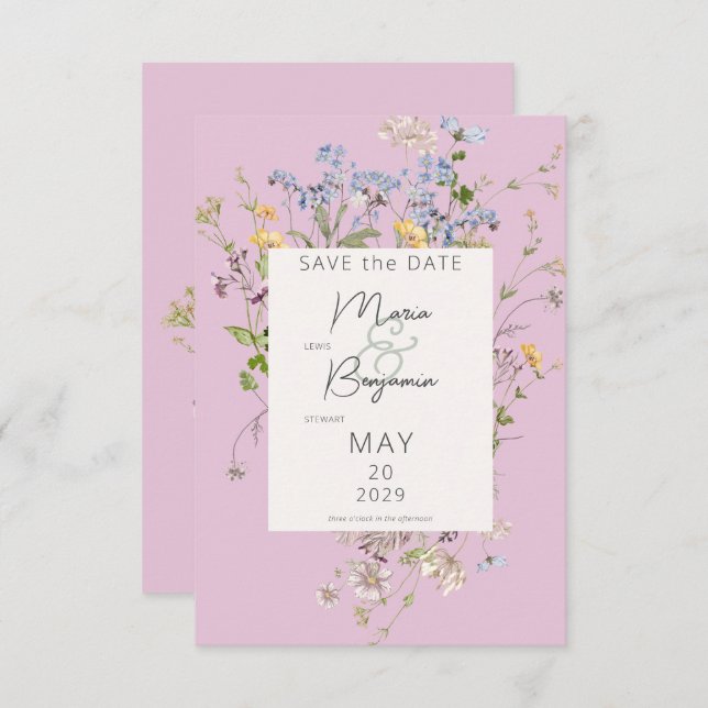 Delicate Boho Wildflowers Pink Wedding Save The Date (Front/Back)