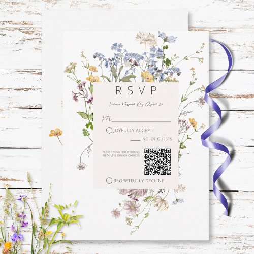 Delicate Boho Wildflowers White Wedding QR Code RSVP Card
