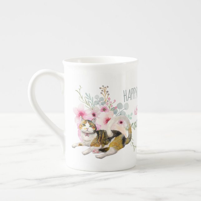 Delicate Bone China CALICO CAT MOM Birthday MUG (Left)