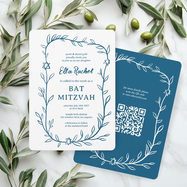Delicate Botanical Bar Bat Mitzvah CUSTOM QR Code  Invitation (Delicate Botanical Bar Bat Mitzvah CUSTOM QR Code Invitation
)