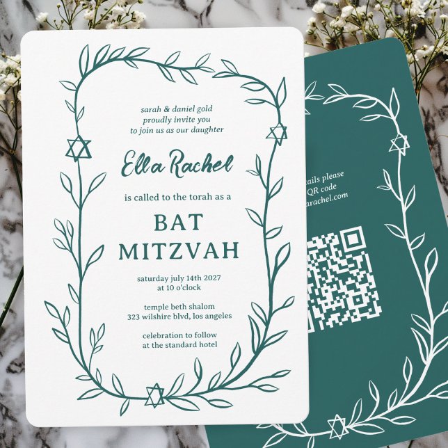 Delicate Botanical Bar Bat Mitzvah CUSTOM QR Code  Invitation (Delicate Botanical Bar Bat Mitzvah CUSTOM QR Code Invitation Green White Doodle Sketch Hand Drawn)
