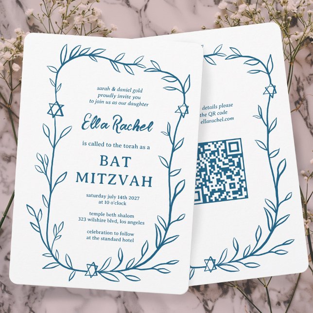Delicate Botanical Bar Bat Mitzvah CUSTOM QR Code  Invitation (Delicate Botanical Bar Bat Mitzvah CUSTOM QR Code Invitation
Blue White Doodle Sketch Hand Drawn)
