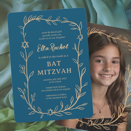 Delicate Botanical CUSTOM PHOTO Bar Bat Mitzvah Invitation