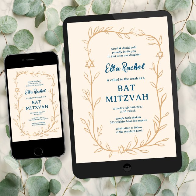 Delicate Botanical Star of David Bar Bat Mitzvah Invitation (Delicate Botanical Star of David Bar Bat Mitzvah Dital DOwnload evite email Invitation
)
