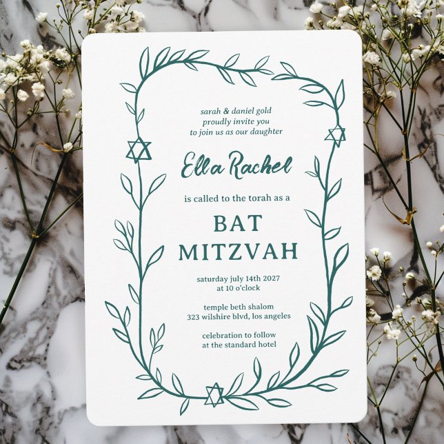 Delicate Botanical Star of David Bar Bat Mitzvah Invitation (Delicate Botanical Star of David Bar Bat Mitzvah Invitation
Green White Hand Drawn Sketch Doodle)