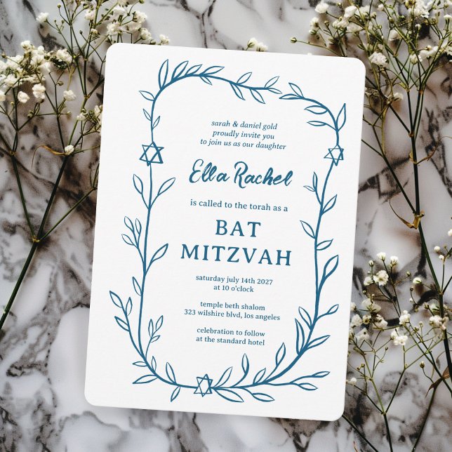 Delicate Botanical Star of David Bar Bat Mitzvah Invitation (Delicate Botanical Star of David Bar Bat Mitzvah Invitation Elegant Trendy BLue White Hand Drawn
)