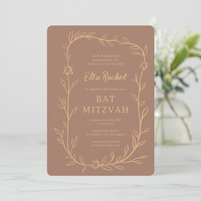 Delicate Botanical Star of David Bar Bat Mitzvah Invitation (Standing Front)