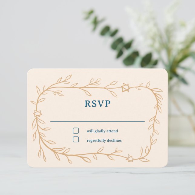 Delicate Botanical Star of David Bar Bat Mitzvah RSVP Card (Standing Front)