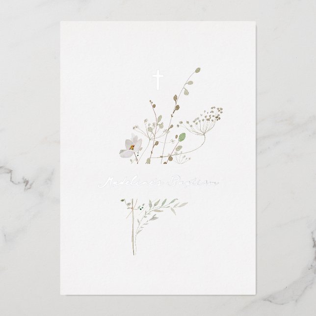 delicate bouquet Baptism silver foil Invitation (Front)