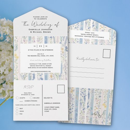 Delicate Bright Delft Blue Herbal Vintage Wedding  All In One Invitation