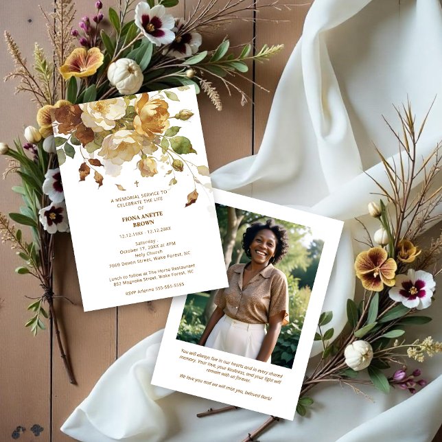 Delicate Brown & Marfil Botanical Floral Funeral Invitation (Delicate Brown and Beige Botanical Floral Funeral Invitation Design with Back Photo. )