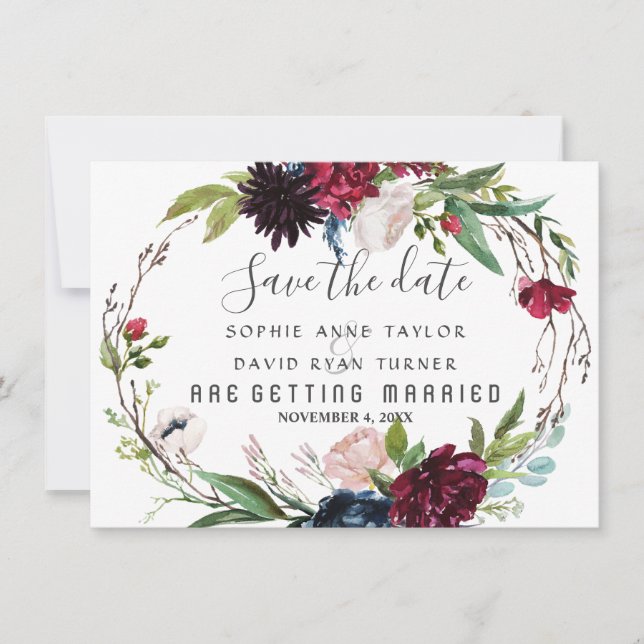 Delicate Burgundy Blue Floral Wreath Save The Date (Front)