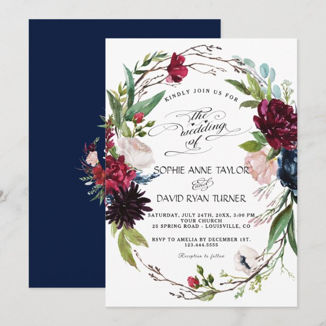 Delicate Burgundy Blue Floral Wreath Wedding Invitation (Front/Back)