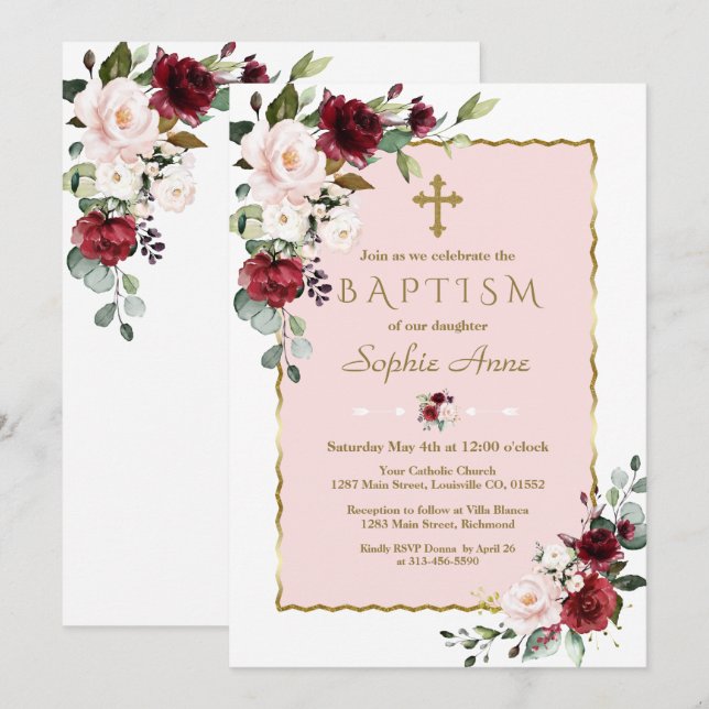 Delicate Burgundy Blush Flowers Gold Cross Baptism Invitation (Front/Back)