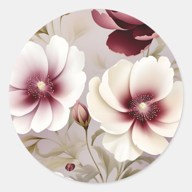 Delicate Burgundy Botanical Floral Classic Round Sticker (Front)