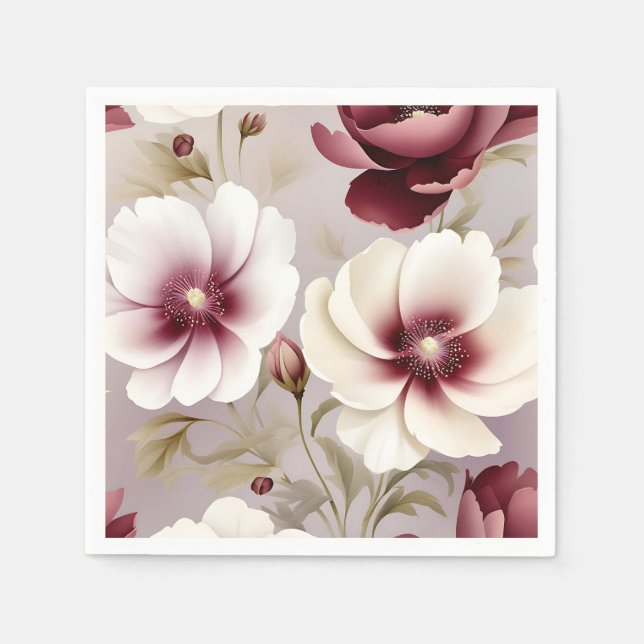 Delicate Burgundy Botanical Floral Napkins (Front)