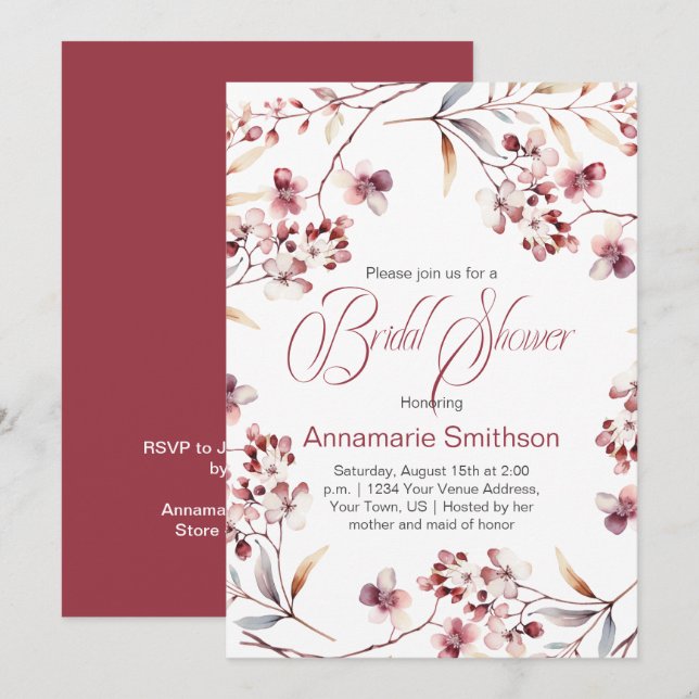 Delicate Burgundy Buds Wreath Bridal Shower | Invitation (Front/Back)