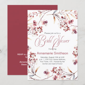 Delicate Burgundy Buds Wreath Bridal Shower | Invitation