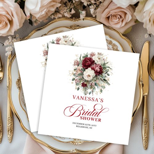 Delicate Burgundy Floral Bridal Shower Napkins