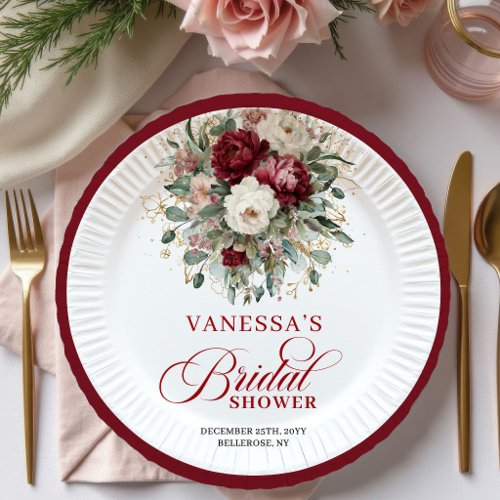 Delicate Burgundy Floral Bridal Shower Paper Plate