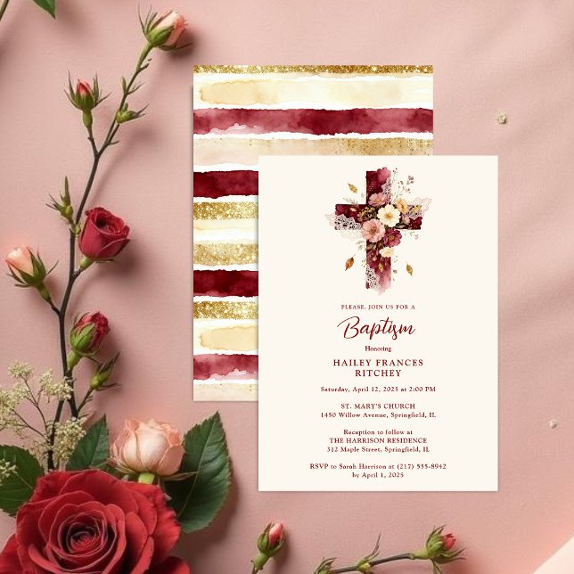 Delicate Burgundy Floral Christian Cross Baptism Invitation (Delicate Burgundy Glitter Effect Floral Christian Cross-Shape Baptism Invitation Card Design.)