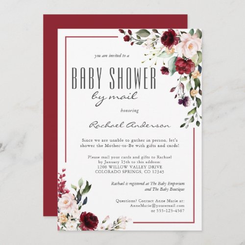 Delicate Burgundy Roses Baby Shower by Mail Invitation