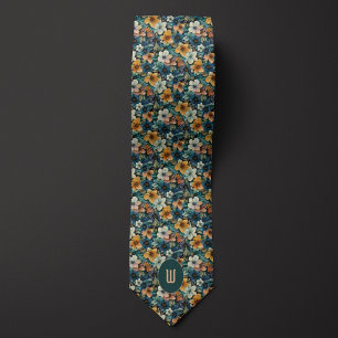 Delicate Burnt Orange and Green Floral Neck Tie