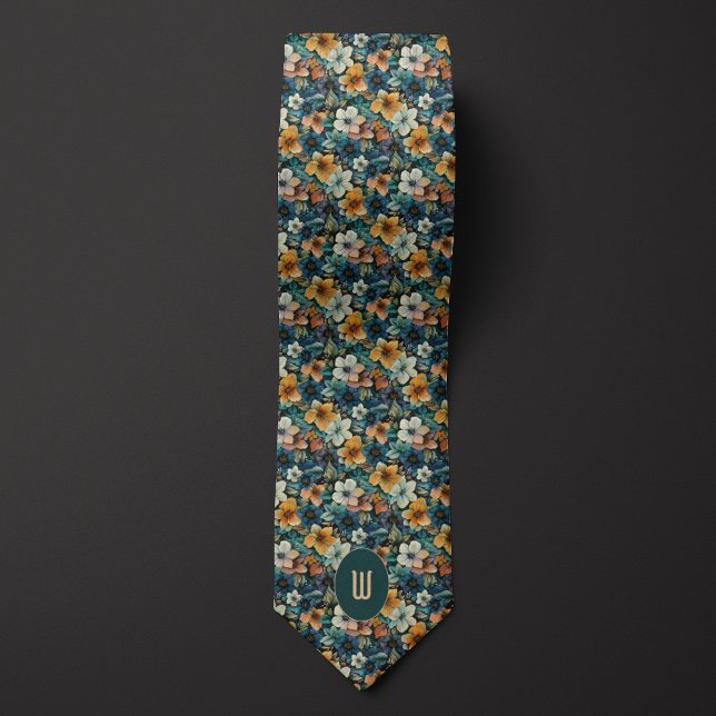 Delicate Burnt Orange and Green Floral Neck Tie (Creator Uploaded)