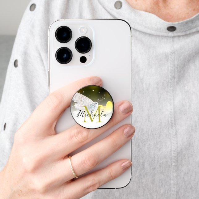 Delicate Butterfly on yellow flower Monogram PopSocket (Hand)