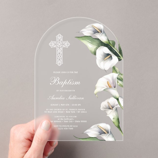 Delicate Calla Lilies Arch Baptism Acrylic Invitations (Insitu (Handheld))