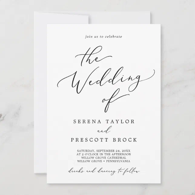 Delicate Calligraphy All In One Drinks Wedding Invitation | Zazzle