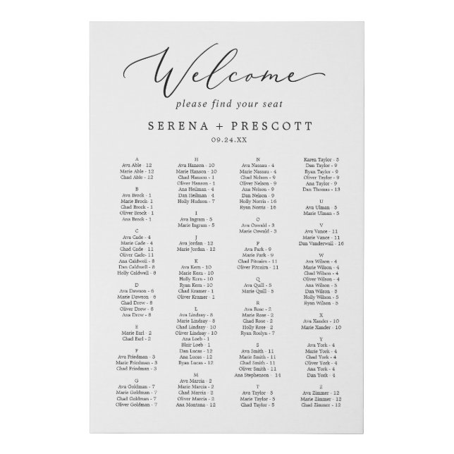 Delicate Calligraphy Alphabetical Seating Chart Faux Canvas Print (Front)