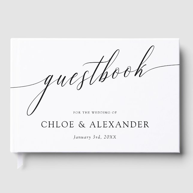 Delicate Calligraphy Black & White Wedding Guest Book (Front)