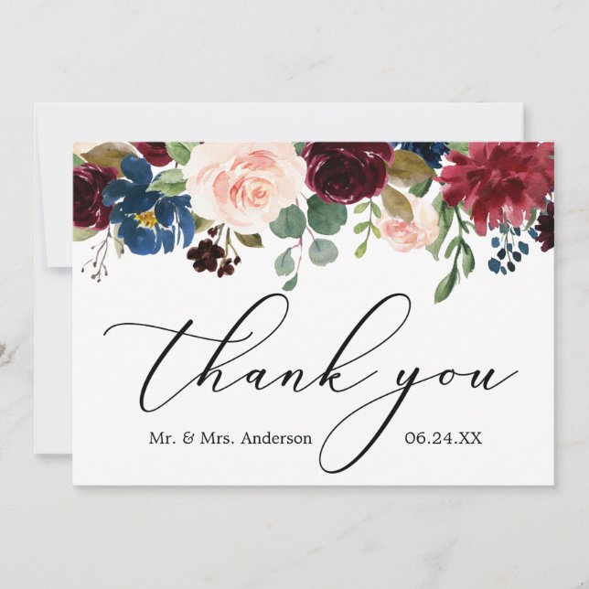 Delicate Calligraphy Burgundy Blue Floral Wedding Thank You Card (Front)