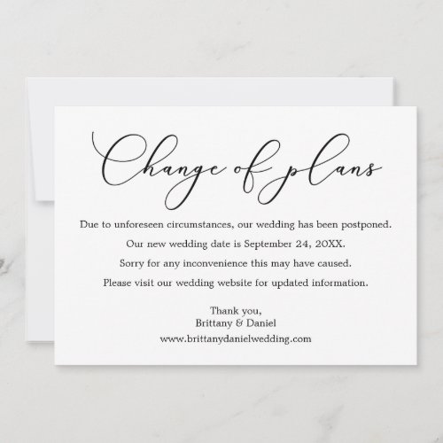 Delicate Calligraphy Change Of Plans Wedding Card