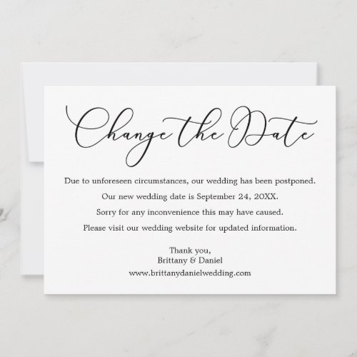 Delicate Calligraphy Change The Date Wedding Card