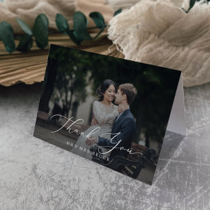 Delicate Calligraphy Dark Photo Overlay  Letterpress Thank You Card