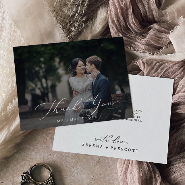 Delicate Calligraphy Dark Photo Overlay Thank You Card (Creator Uploaded)