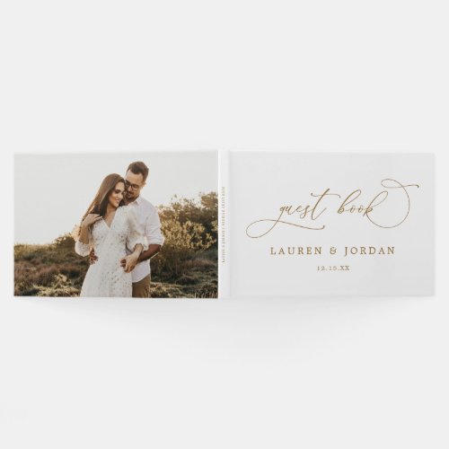 Delicate Calligraphy Gold Photo Monogram Wedding Guest Book