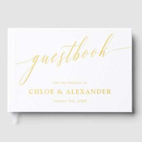 Delicate Calligraphy Gold  White Wedding Foil Guest Book