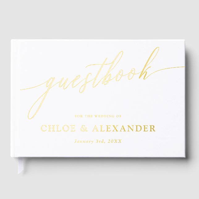 Delicate Calligraphy Gold & White Wedding Foil Guest Book (Front)