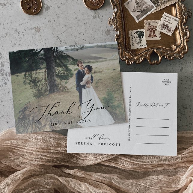 Delicate Calligraphy Light Photo Overlay Thank You Postcard (Creator Uploaded)