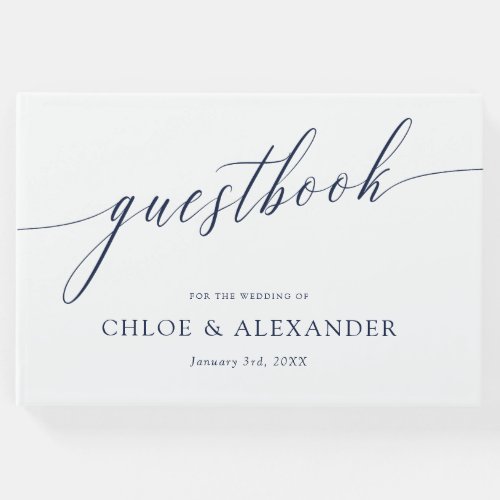Delicate Calligraphy Navy Blue White Wedding Guest Book