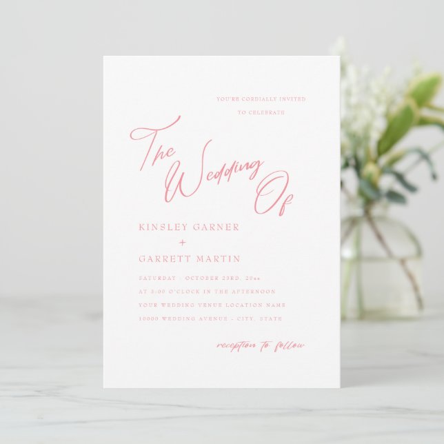 Delicate Calligraphy Peach Pink Wedding Invitation (Standing Front)