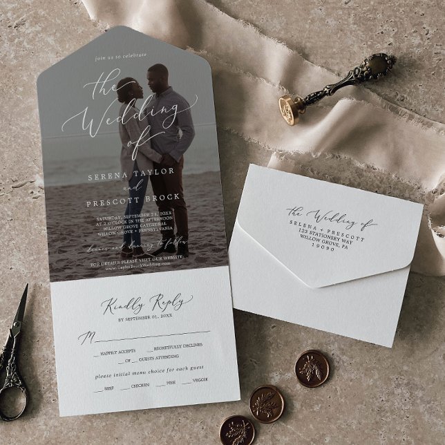 Delicate Calligraphy Photo Overlay Wedding All In One Invitation (Creator Uploaded)