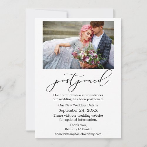 Delicate Calligraphy Photo Postponed Wedding Card