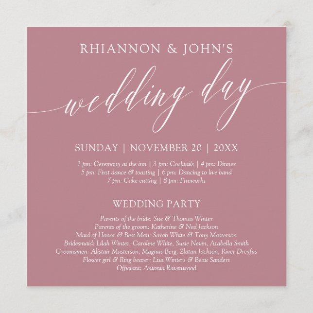 Delicate Calligraphy Pink Wedding Day Program (Front)